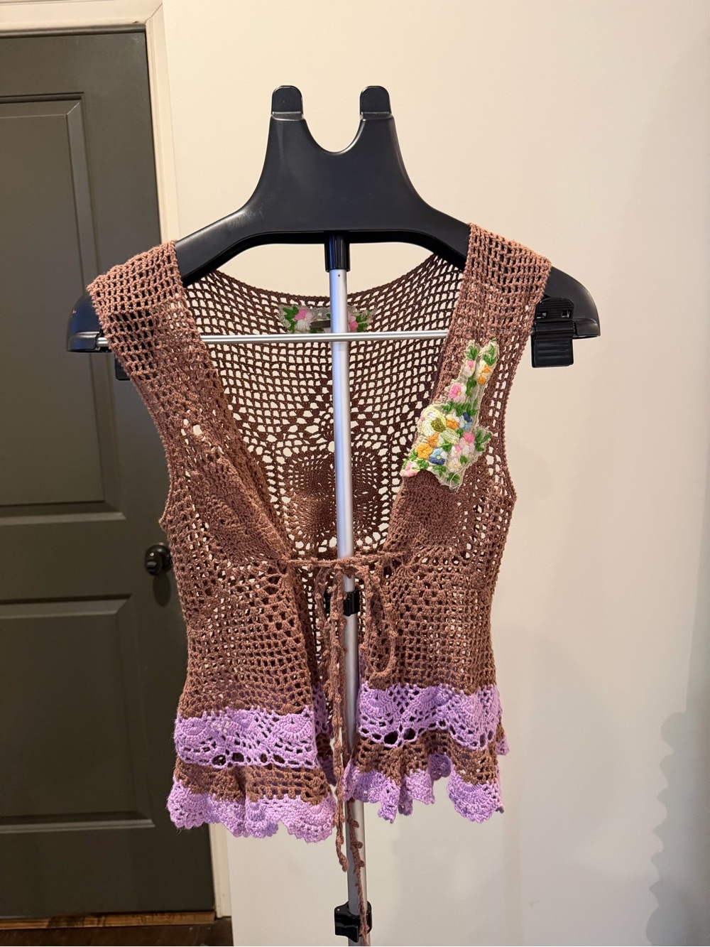 Free People Brown Crochet Vest with Lavender Ruffle Hem and Floral Appliqué M